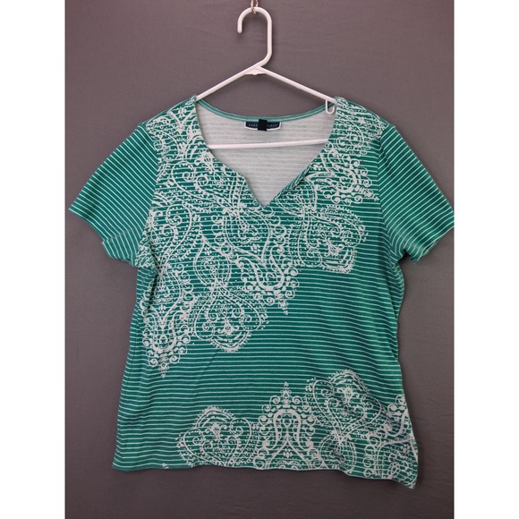 Karen Scott Tops - Karen Scott Top Womens XL Green Striped Paisley Rhinestone V-Neck Short Sleeve